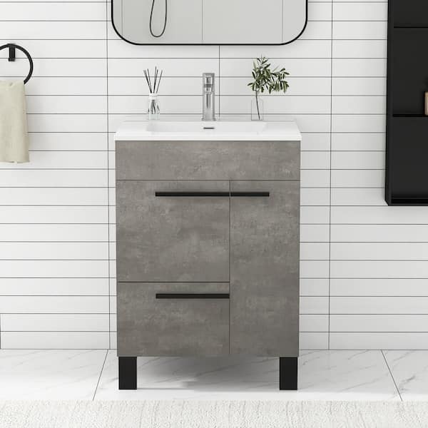 JimsMaison 24 in. W x 18 in. D x 34 in. H Freestanding Bath Vanity in Concrete Grey with White Ceramic Top