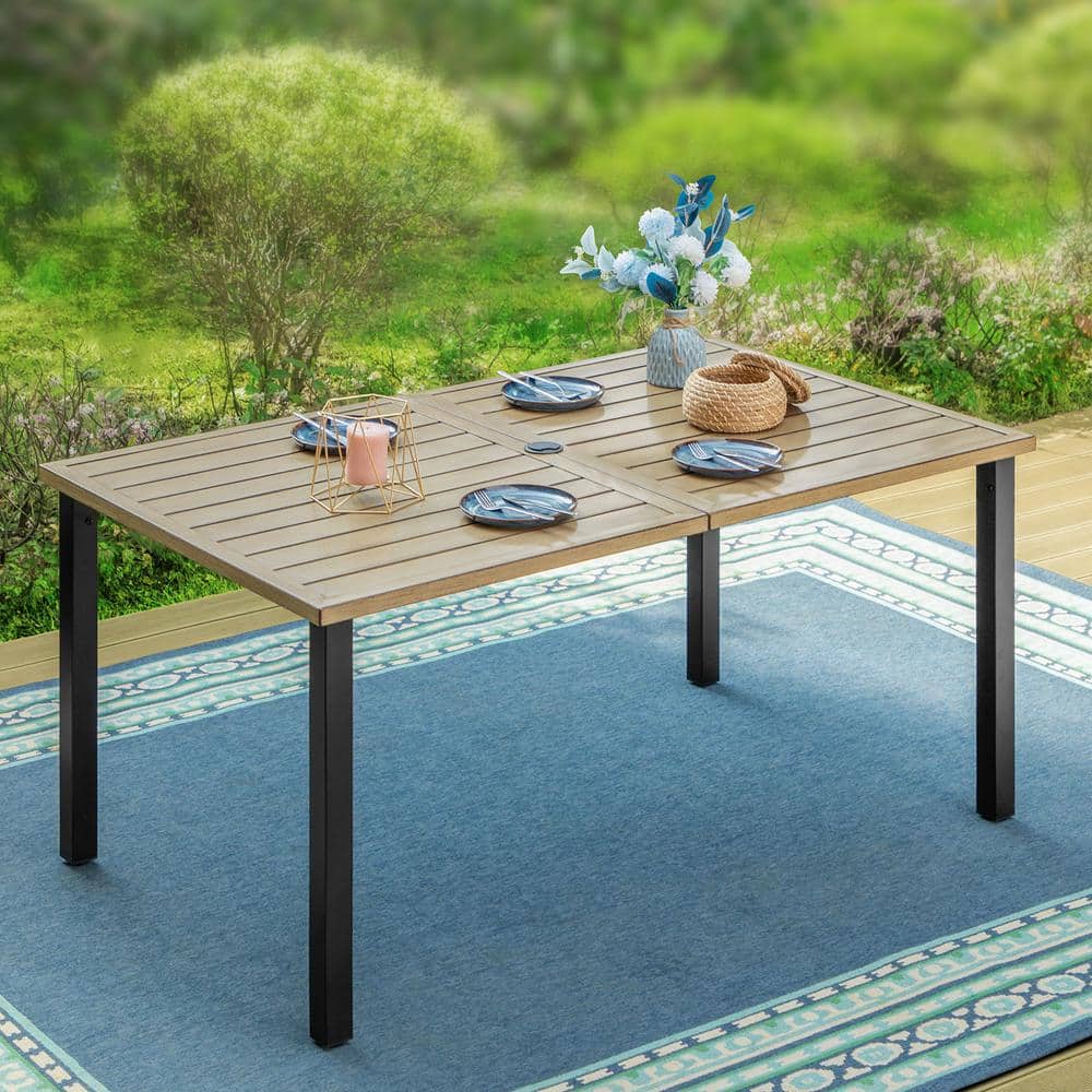 PHI VILLA Rectangle Metal Patio Outdoor Dining Table with Umbrella