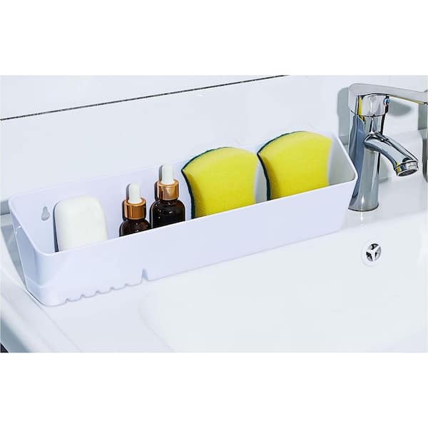 14 in. Sink Front Trays with Hinges, and Clips for Organizing Sink Sponges, Kitchens and Bathrooms, White (2-Pack)