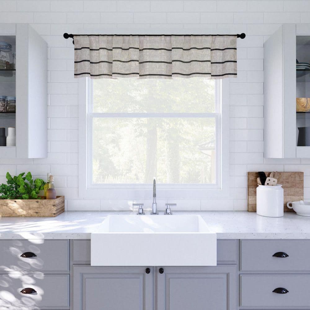 Black and Beige Twill Stripe Linen Blend Sheer Rod Pocket Valance