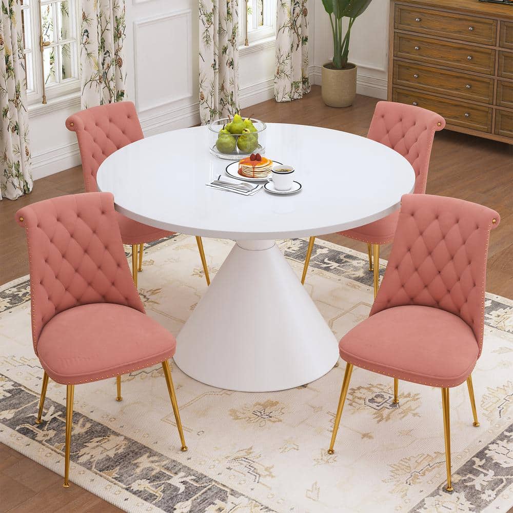 5 Piece Round White MDF Top Table Set Seats 4 4 Pink Dining Chairs