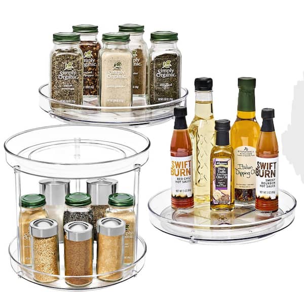 2-Tier Lazy Susan with 2 Flat Turntables, Clear Round Plastic 9.25 in. Decorative Tray Set of 3, Space Savers Storage