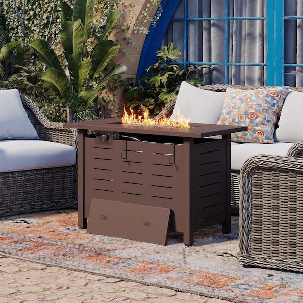 Sizzim Brown 40 in. Metal Rectangular Propane Gas Fire Pit Table with Lid, Volcanic Rock, and Waterproof Cover