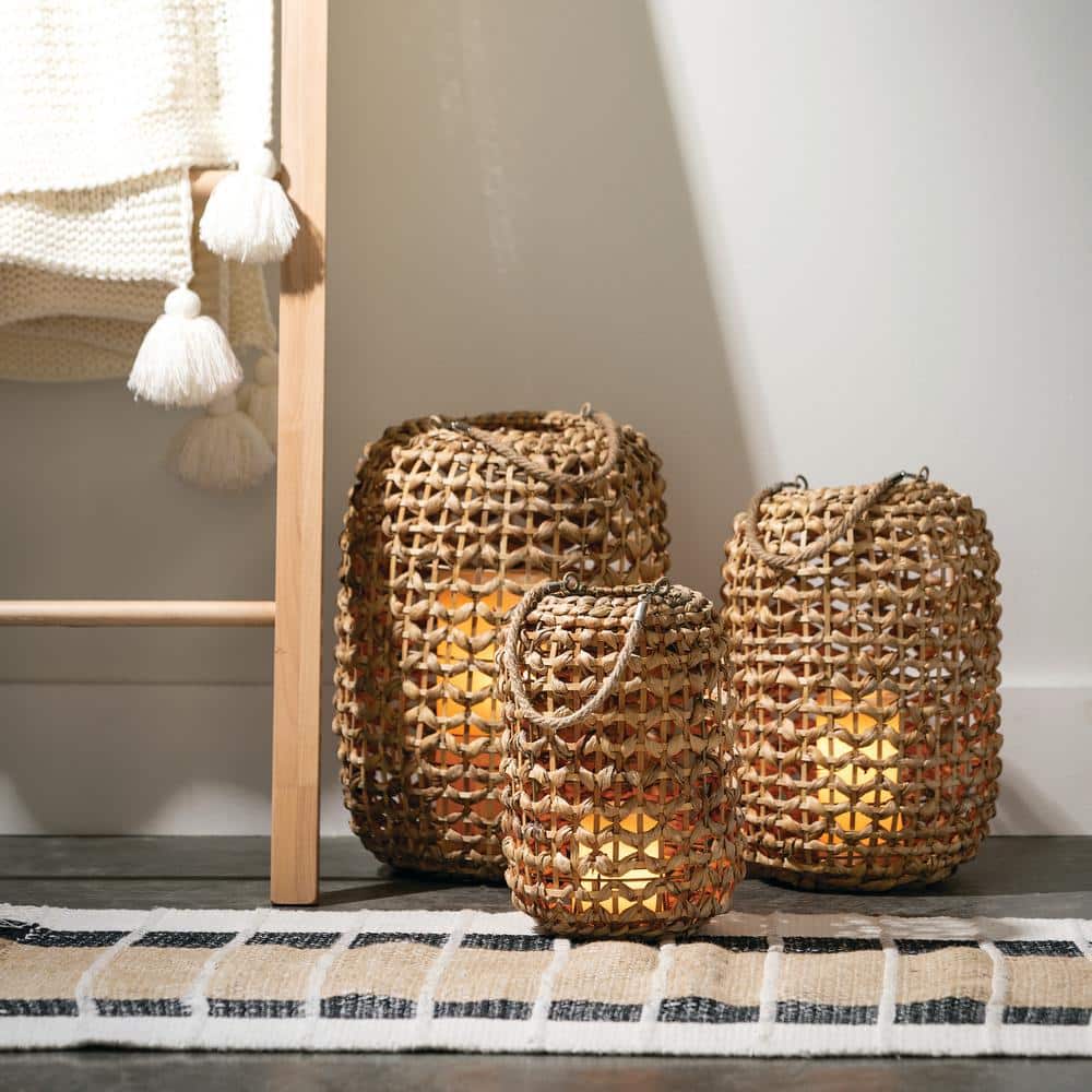 Natural Woven Rattan Hanging Lantern Set of 3, Brown