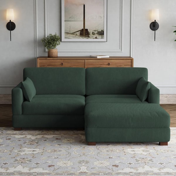 84.8 in. W Square Arm 2-Piece Corduroy Fabric L-Shaped Sectional Sofa in. Hunter Green