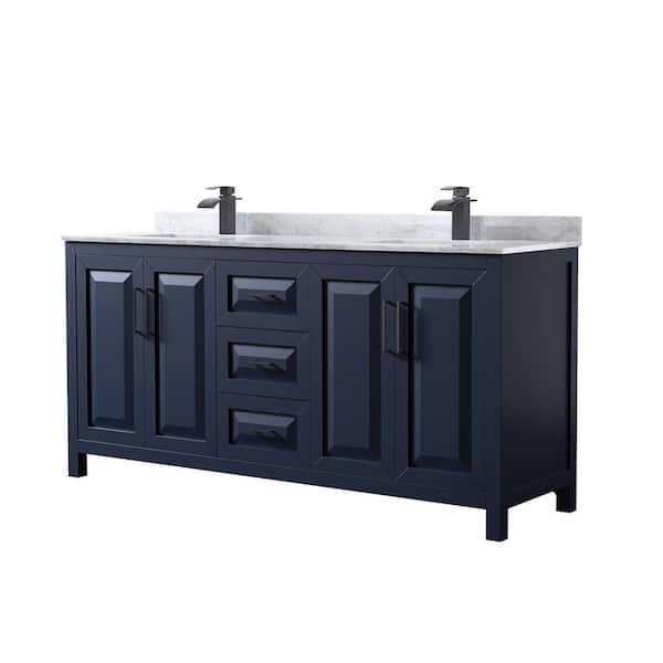 Wyndham Collection Daria 72 in. W x 22 in. D x 35.75 in. H Double Bath Vanity in Dark Blue with White Carrara Marble Top