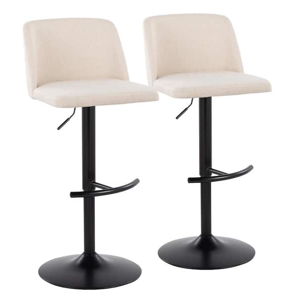 Lumisource Toriano 33 in. Cream Noise Fabric and Black Metal Adjustable Bar Stool with Rounded T Footrest (Set of 2)