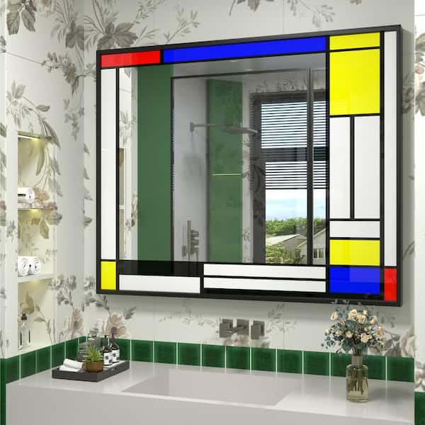 Apmir 40 in. W x 32 in. H Rectangular Tempered Glass and Aluminum Alloy Framed Window Pane Wall Decor Bathroom Vanity Mirror