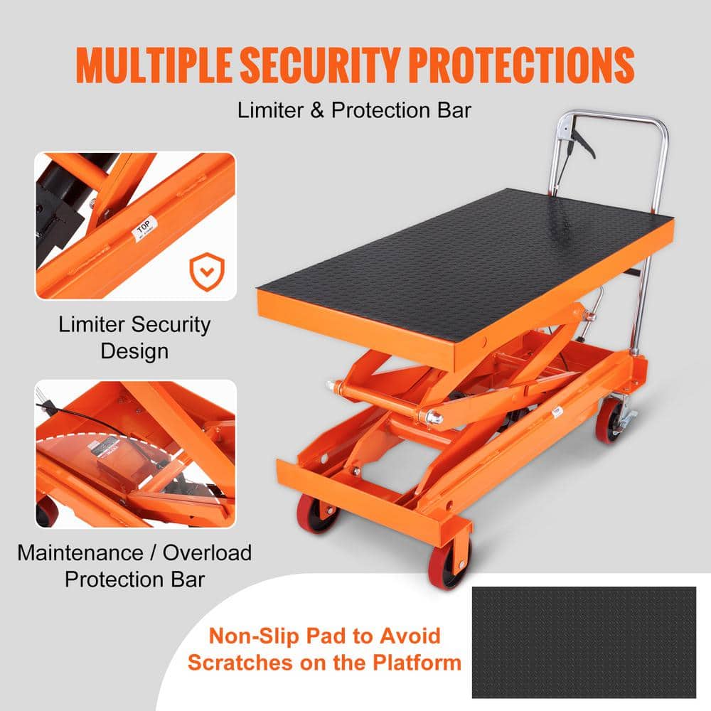 VEVOR Orange Hydraulic Lift Table Cart with Non-Slip Pad