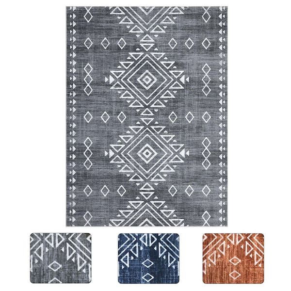 Gray 5x7ft Geometric Retro Corridor Strip Carpet Tribal Style Distressed Area Rug