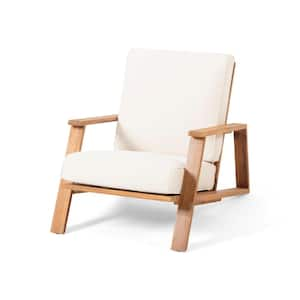 Wood Outdoor Lounge Chair with Beige Cushion