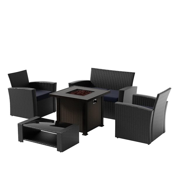 WESTIN OUTDOOR Valencia Black 5-Piece Wicker Patio Fire Pit Conversation Set with Navy Blue Cushions