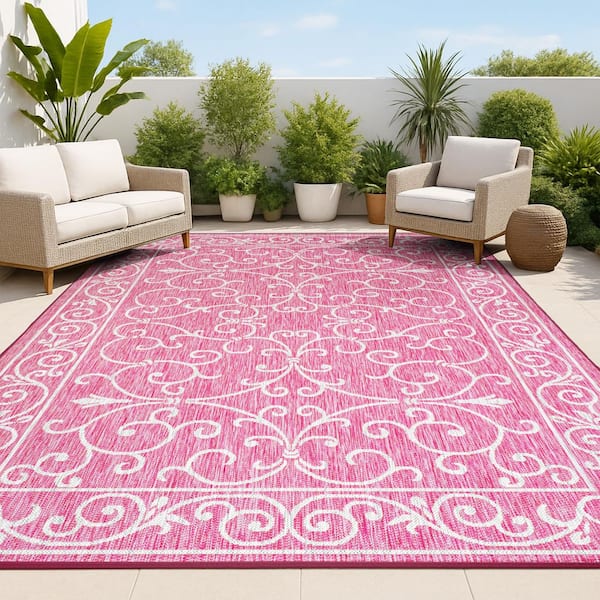 Charleston Vintage Filigree Textured Weave Fuchsia/Light Gray 9 ft. x 12 ft. Indoor/Outdoor Area Rug