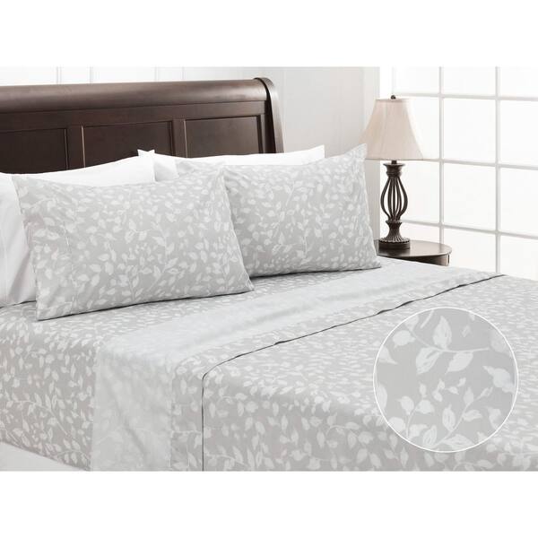 4-Piece Small Leaves Gray Pattern Print Microfiber Bedsheets Set, Queen