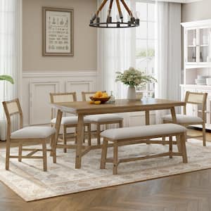 6-Piece Rectangular Natural Wash Wood Top Table Set Seats 6