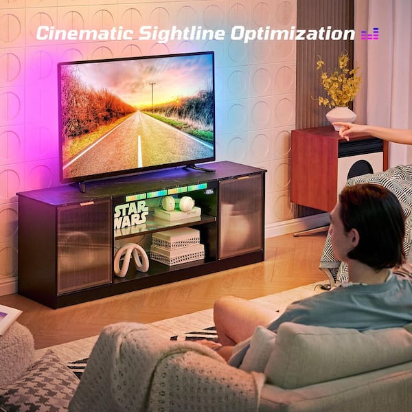 57 in. Black Marble High-Tech TV Stand Fits TV Up to 32 to 65 in. Entertainment Center with RGB Music Sync Light