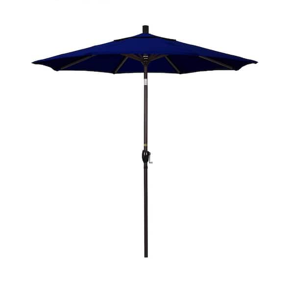 California Umbrella 7.5 ft. Bronze Aluminum Push Button Tilt Crank Lift Patio Umbrella in True Blue Sunbrella