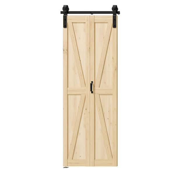 TENONER 30 in. x 84 in. Pine Wood Color, Primed, MDF, K Shaped, Bi-Fold Style Sliding Barn Door with Hardware Kit