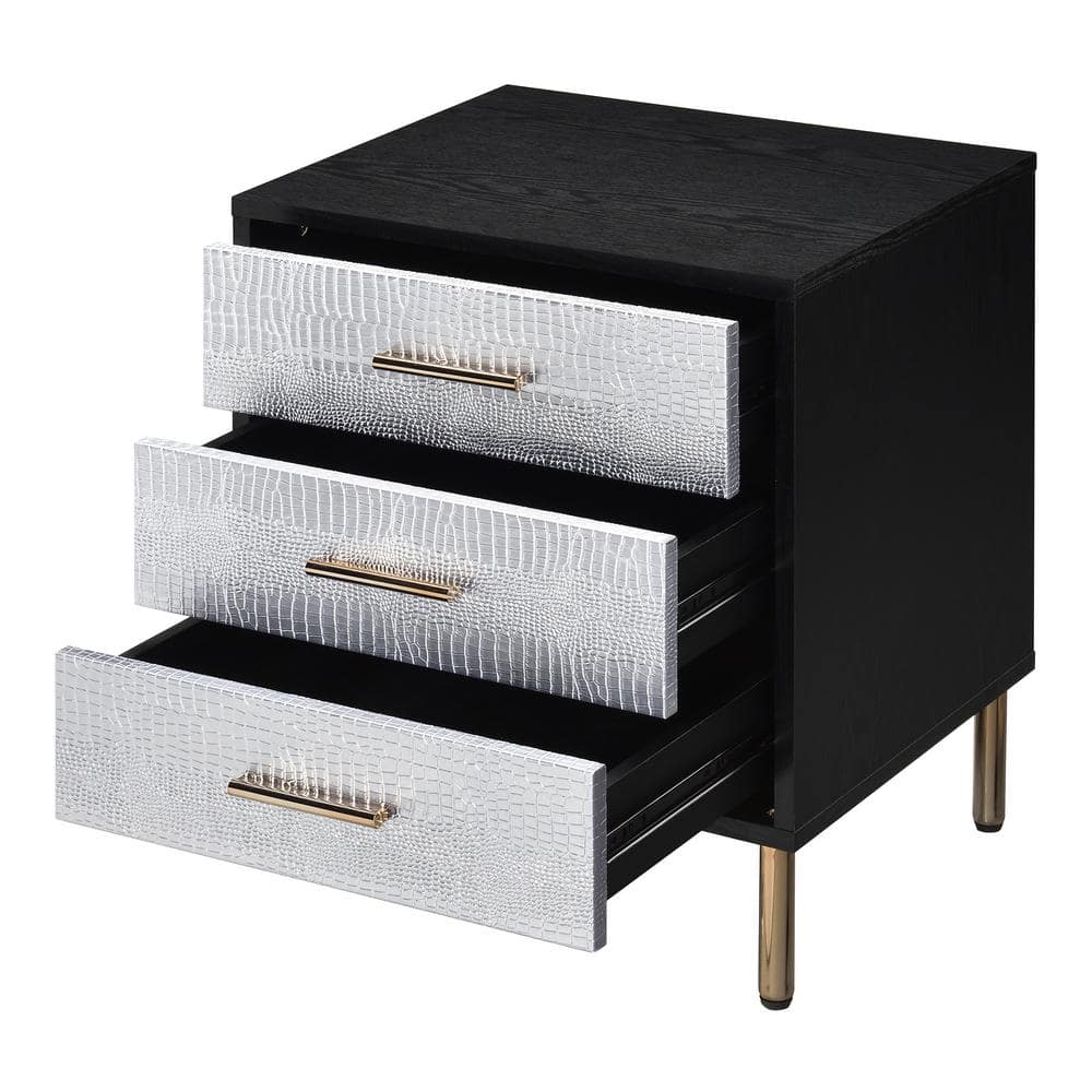 Black, Silver, and Gold 3-Drawer Faux Crocodile Nightstand