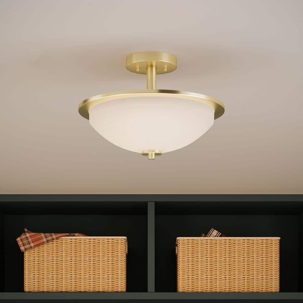 Replay 14.75 in. Round Brushed Gold Semi-Flush Mount Light with Etched Glass Shade for Foyer price history on PriceWatchPro