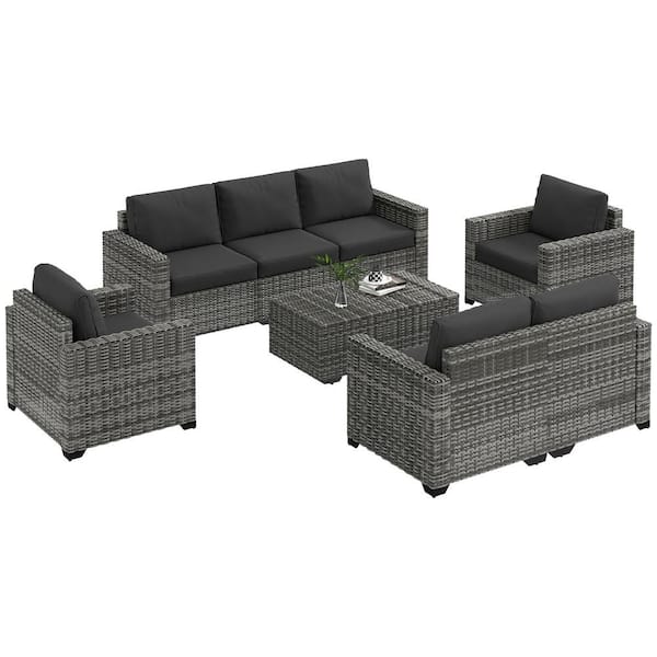 Outsunny 5-Piece Wicker Patio Conversation Set with Dark Gray Cushions ...