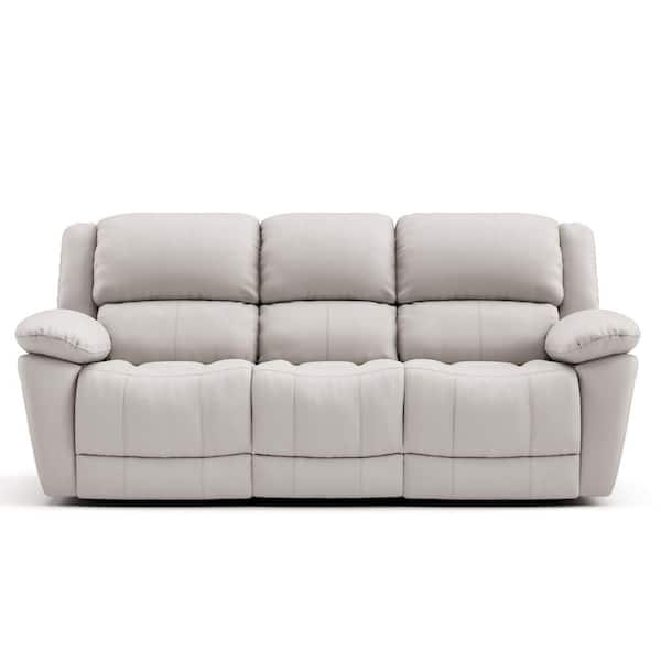 Loure 82 in. Pillow Top Arms Leather Match Rectangle Welt Trim Reclining Sofa in White