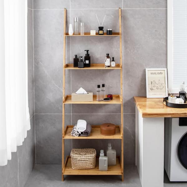 Gymax 25.5 in. Wide Natural 5-Tier Bamboo Ladder Shelf Wall