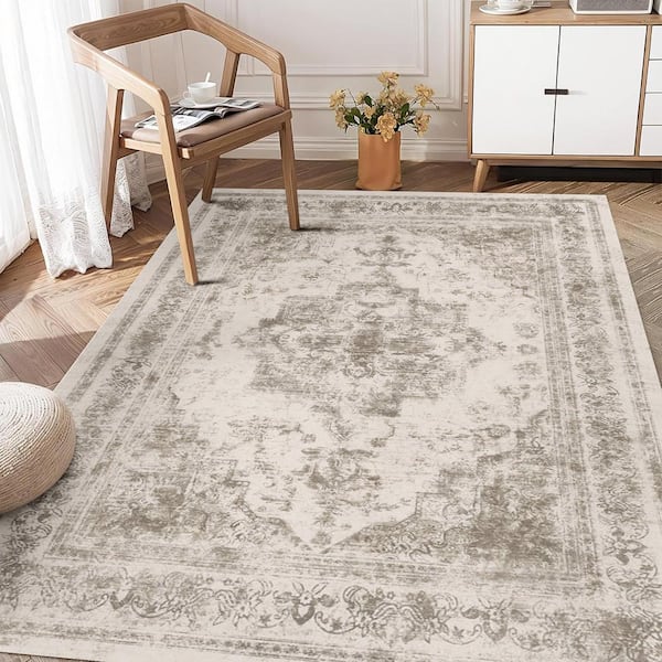 Persia Taupe 4 ft. x 6 ft. Vintage Medallion Distressed Area Rug