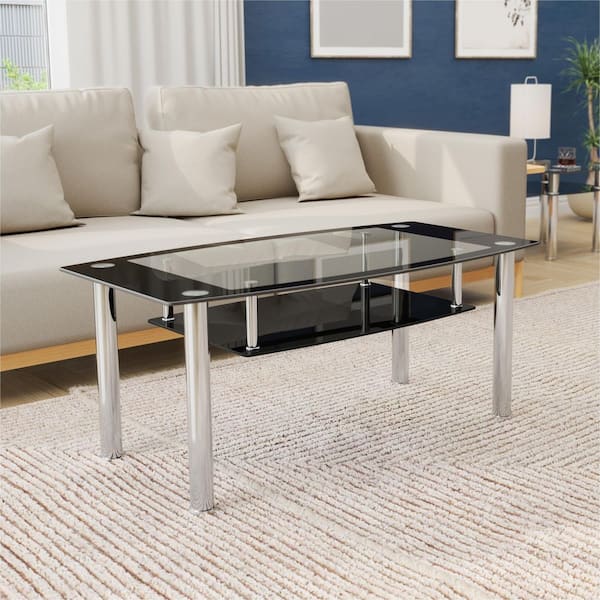 【引取限定】Glass Top Table AVF 44 in. Black/Clear Large Rectangle Glass Coffee Table with
