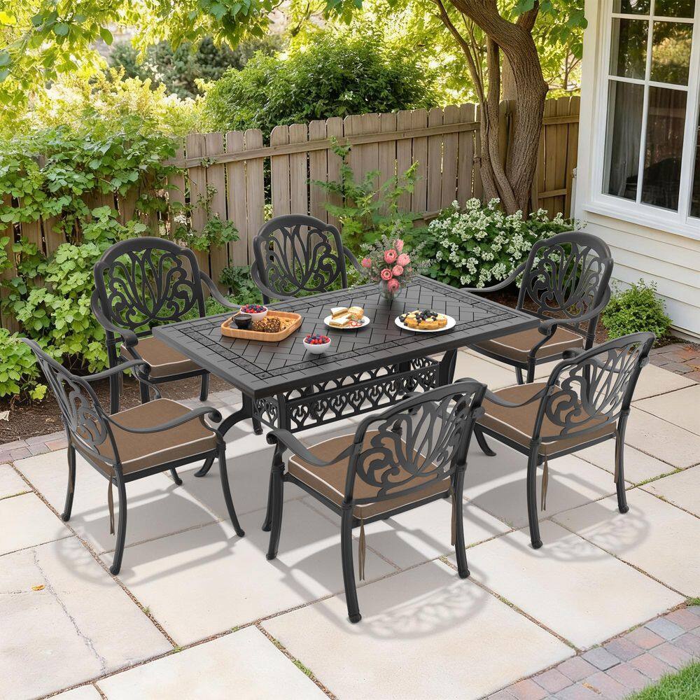 Black 7-Piece Rust-Free Cast Aluminum Outdoor Dining Set with Rectangular Table, 6 Dining Chairs and Brown Cushions price history on PriceWatchPro