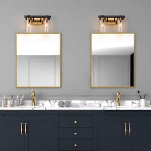 12 in. 2-Light Modern Polished Brass Gold Vanity Light, Powder Room Bath Light, Black Wall Sconce for Vanity Mirrors