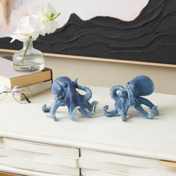 Litton Lane Dark Blue Polystone Small Distressed Octopus Sculpture (Set of 2)