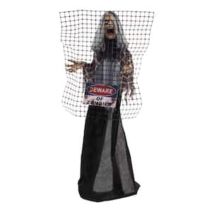 60 in. Life-Size Animatronic Zombie with Electric Fence, Lights and Sound, Indoor, Covered Outdoor Halloween Decoration