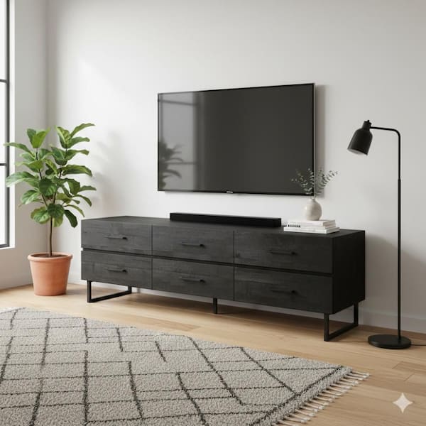 Black Black Wood 19.7 in. Sideboard Cabinet with 6-Drawers and Iron Legs