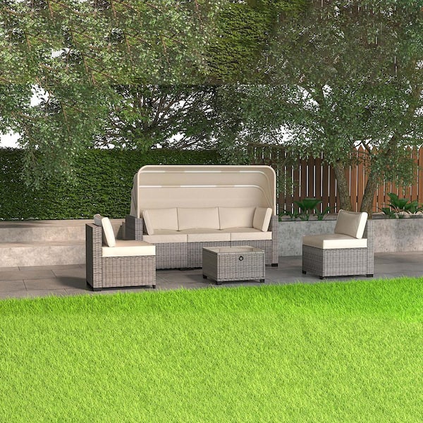 Zeus & Ruta 6-Pieces Wicker Patio Conversation Set Outdoor Daybed with Retractable Canopy with Adjustable Backrest Beige Cushions