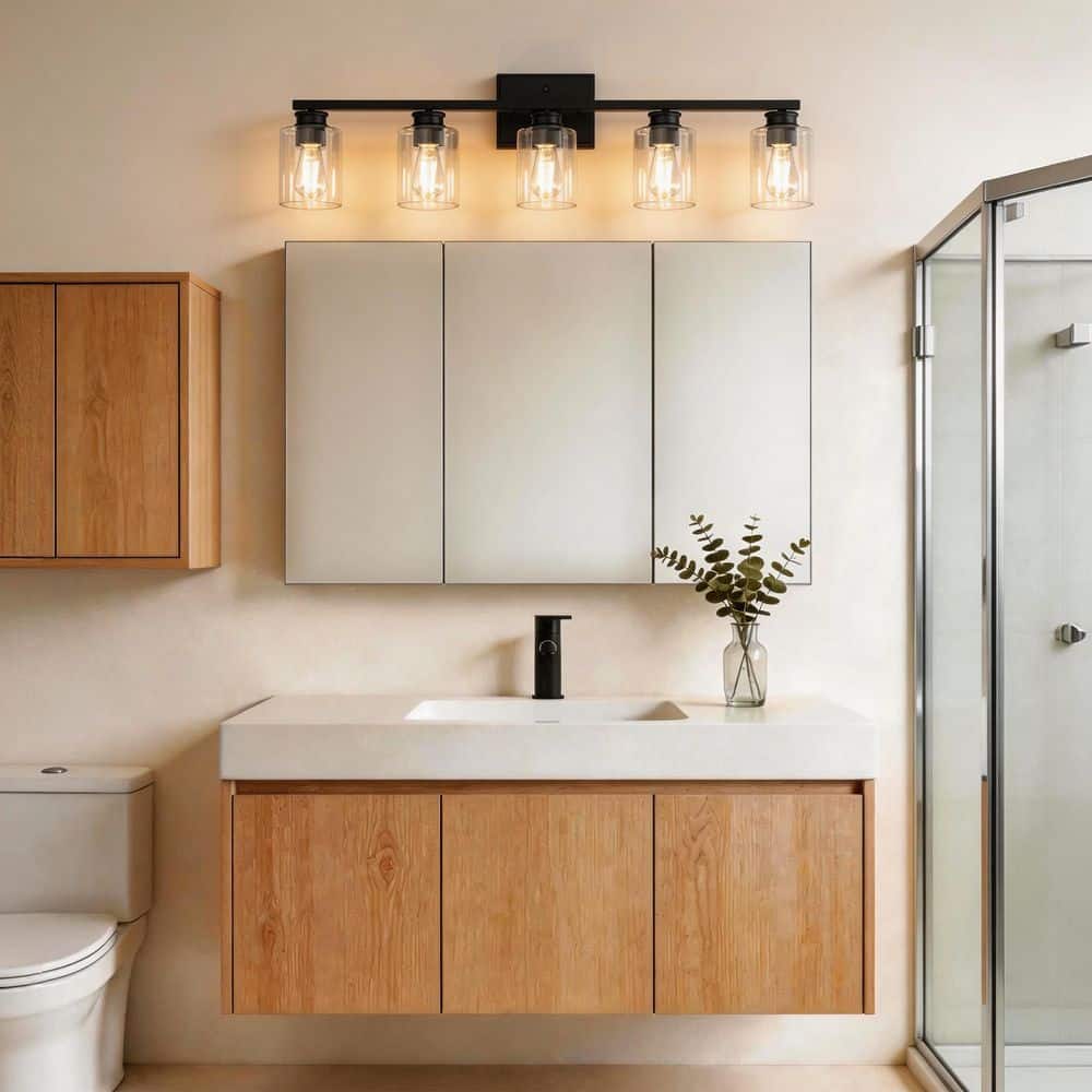 32 in. 5-Light Black Modern Cylinder Vanity Light with Straight Arms and Clear Glass Shades for Bathroom or Bedroom price history on PriceWatchPro