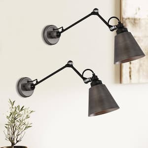 Modern Industrial Swing Arm Wall Light, 1-Light Brushed Black Wall Sconce with Metal Funnel Shade (2-Pack)