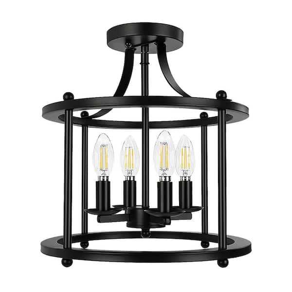 HUOKU Libertab 12.6 in. 4-Light Matte Black Caged Semi-Flush Mount