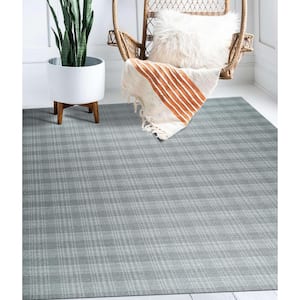 Gray Hand Knotted Wool Transitional Reversible Plaid Rug, 8' x 10', Area Rug