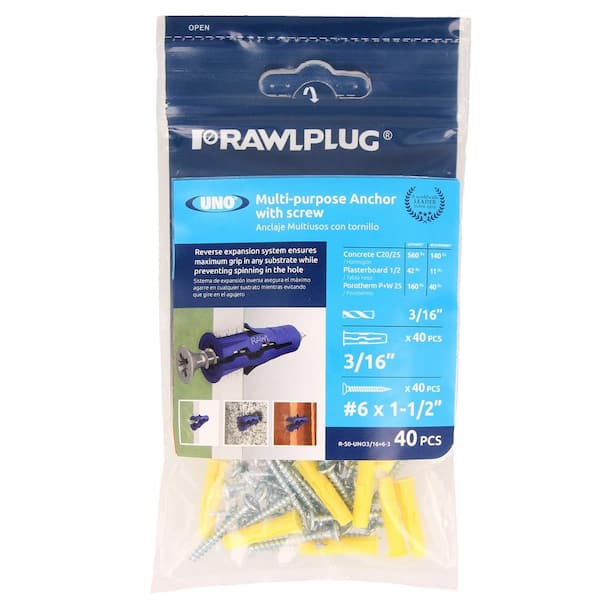Uno Multi-Purpose Drywall Anchors 3/16 with Screws #6 x 1-1/2 11 lbs. (Pack of 40)