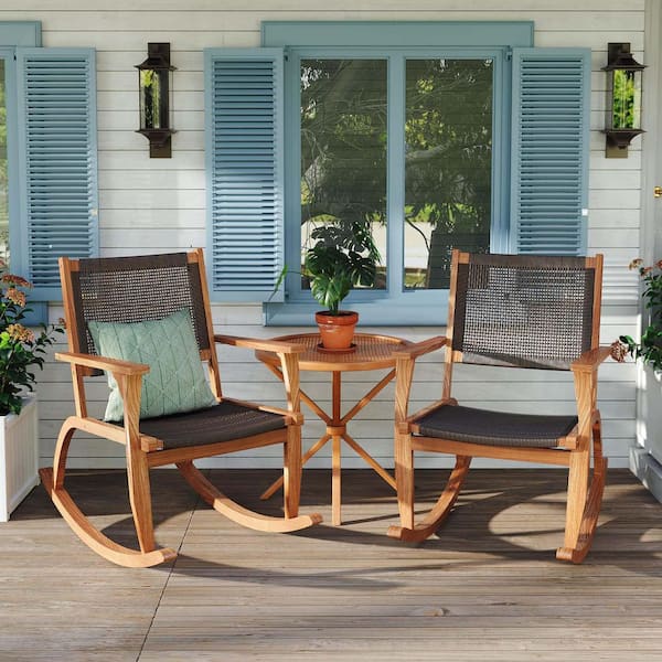 2 Pieces Natural Wood Outdoor Rocking Chair in Dark Brown