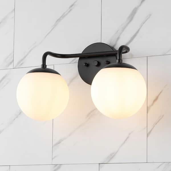 JONATHAN Y Louis Parisian Globe 15 in. 2-Light Metal/Frosted Glass Modern Contemporary LED Vanity Light, Black