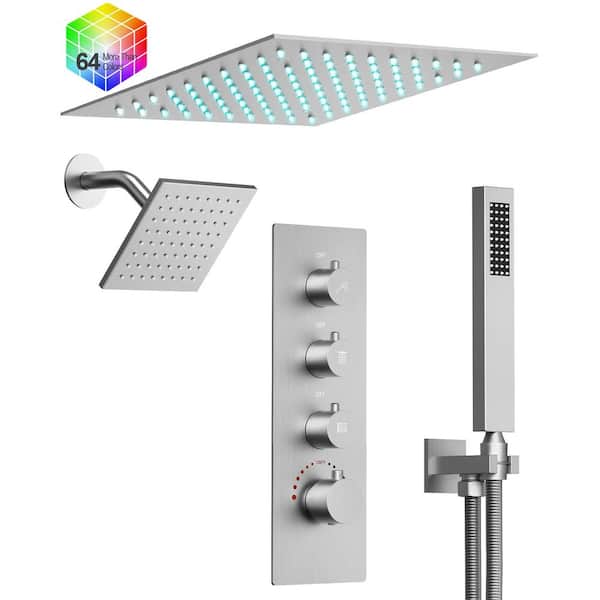 12 in. Mood Light Quadruple Handles 3-Spray Shower Faucet 2.5 GPM with LED, Anti Scald in. Brushed Nickel
