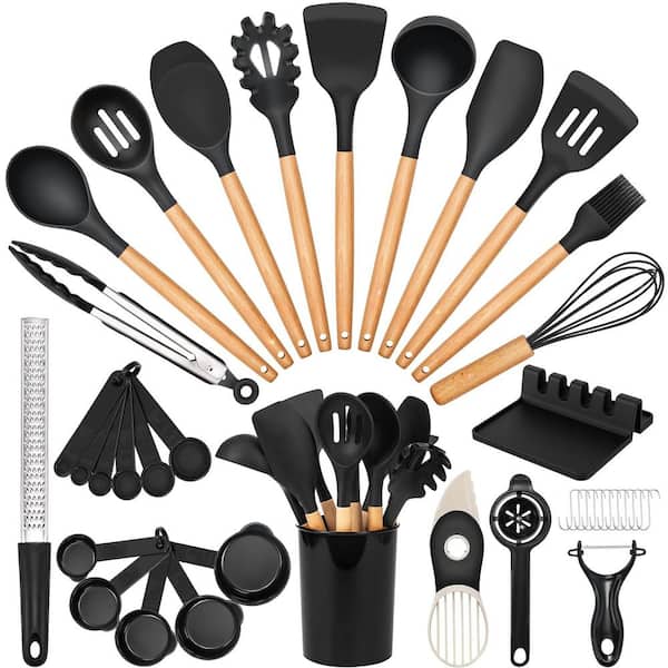39-Pieces Black Kitchen Utensils Set, Silicone Cooking Utensils Set with Wooden Handle, 446°F Heat Resistant Food Grade