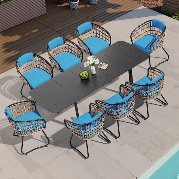 Crestlive Products 9-Piece Metal 94.5 in. Outdoor Dining Set Extendable All-Aluminum Table and 8 Rattan Chairs with Blue Cushions