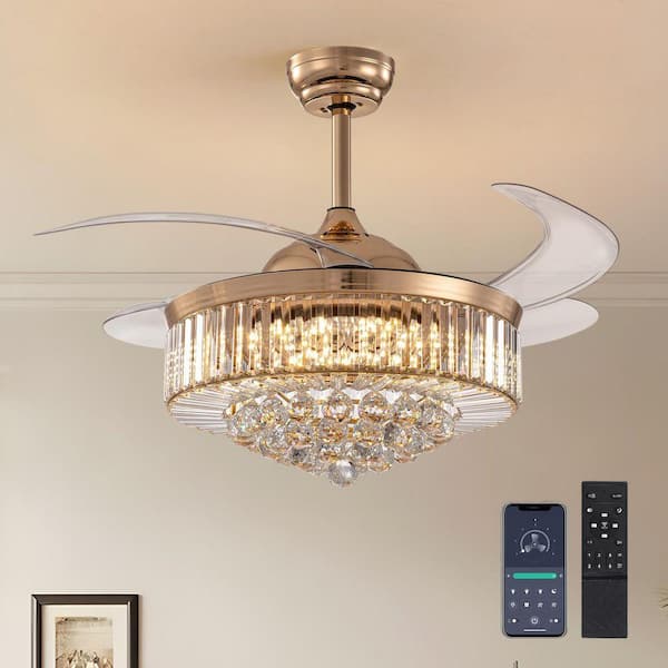 42-Inch Gold Gold Crystal Strip Invisible Fan Light Iron Crystal LuxuryQuietPowerfulAirflow IndoorCeiling Fan with Light