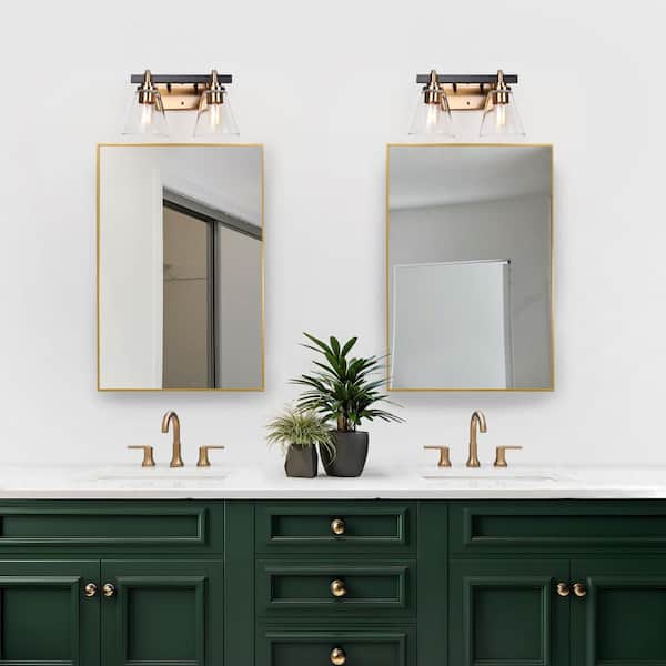 14 in. 2-Light Brass Gold Bathroom Vanity Light, Cone Clear Glass Bath Lighting, Modern Black Indoor Wall Sconce