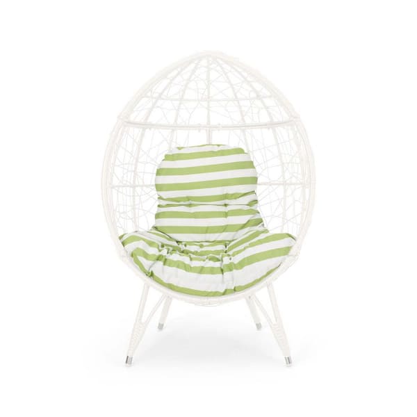 Unbranded White Wicker Indoor/Outdoor Egg Lounge Chair All-Weather Rattan Patio Egg Chair with Green Cushion