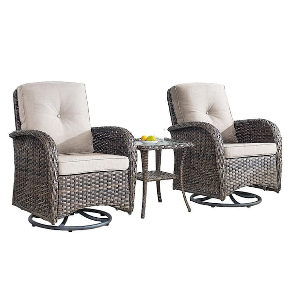 Brown 3-Piece Wicker Patio Conversation Set with Beige Cushions and Coffee Table All-Weather Swivel Rocking Chairs