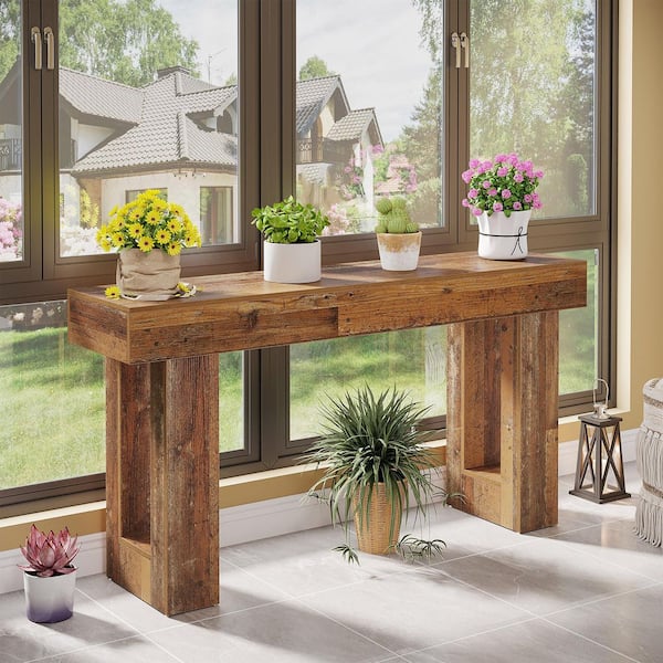 BYBLIGHT Turrella 63 in. Golden Hickory Entryway Table, Rectangle Wood Sofa Console Table Behind Couch for Living Room